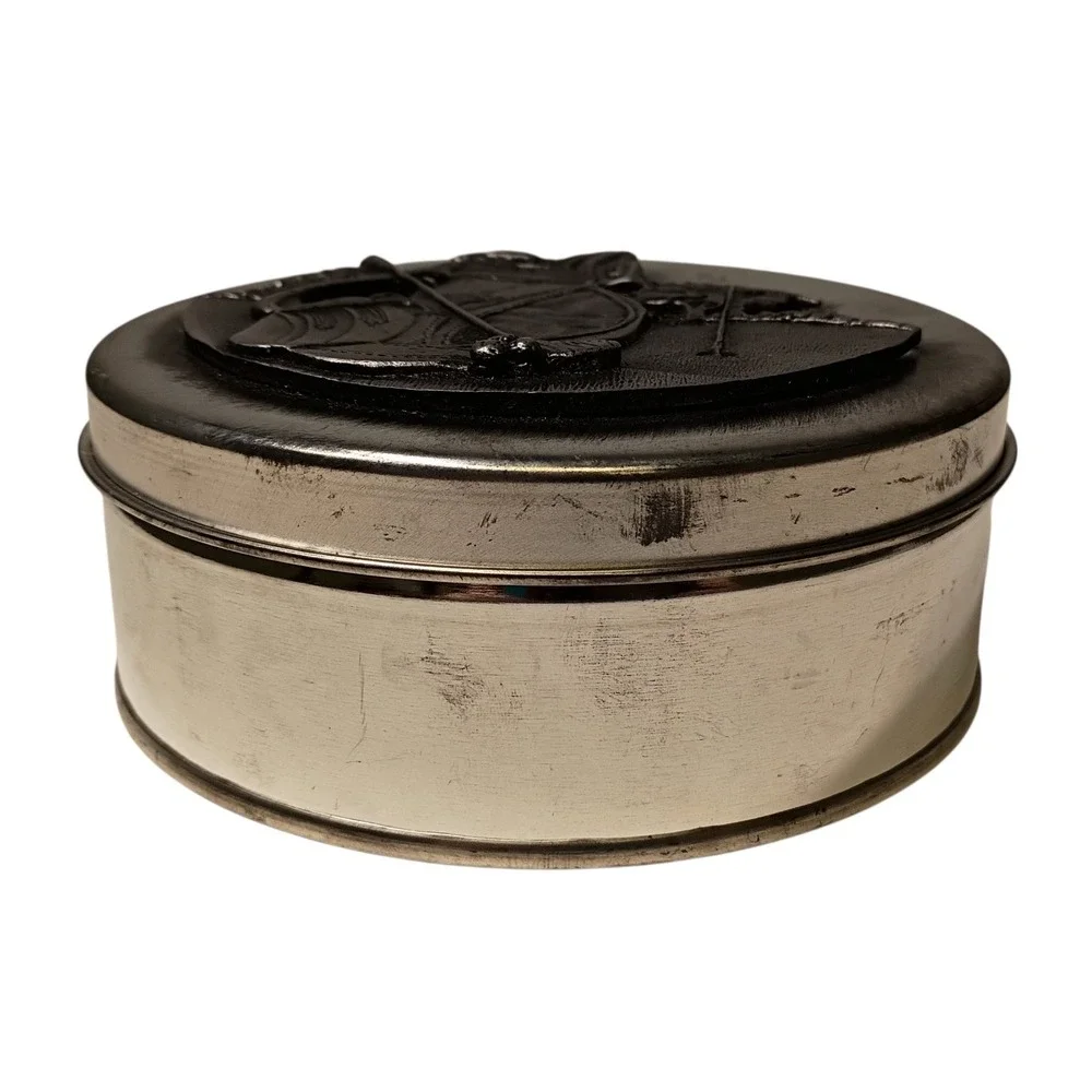 Matzeke Golf Theme Pewter Lid Decorative Silver Tone Metal Tin‎ Can Vintage